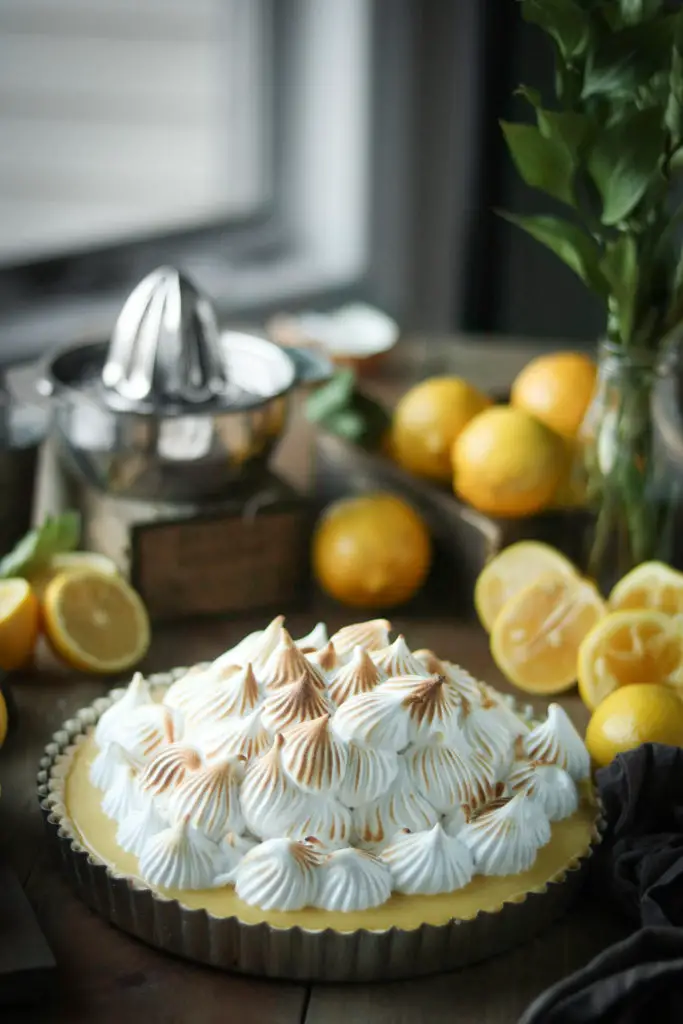 Large lemon tart with white egg white based meringue dolloped on top. The meringue is slightly browned from a torch. Lemons, a citrus juicer and green leaves are used as decorations around the tart.