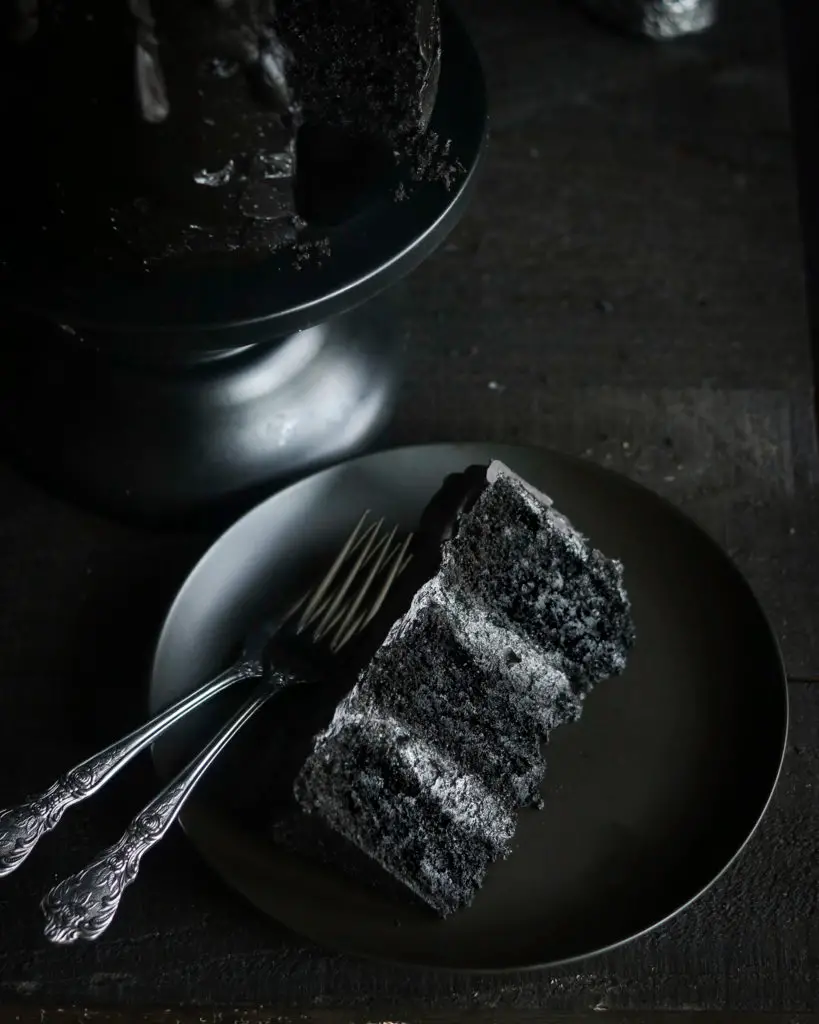 Slice of Black Halloween Cake.