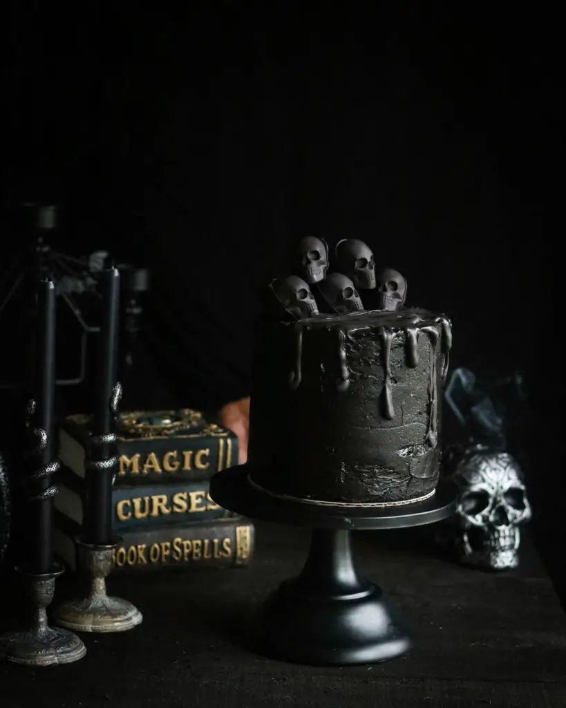 Black Halloween Cake with skulls.